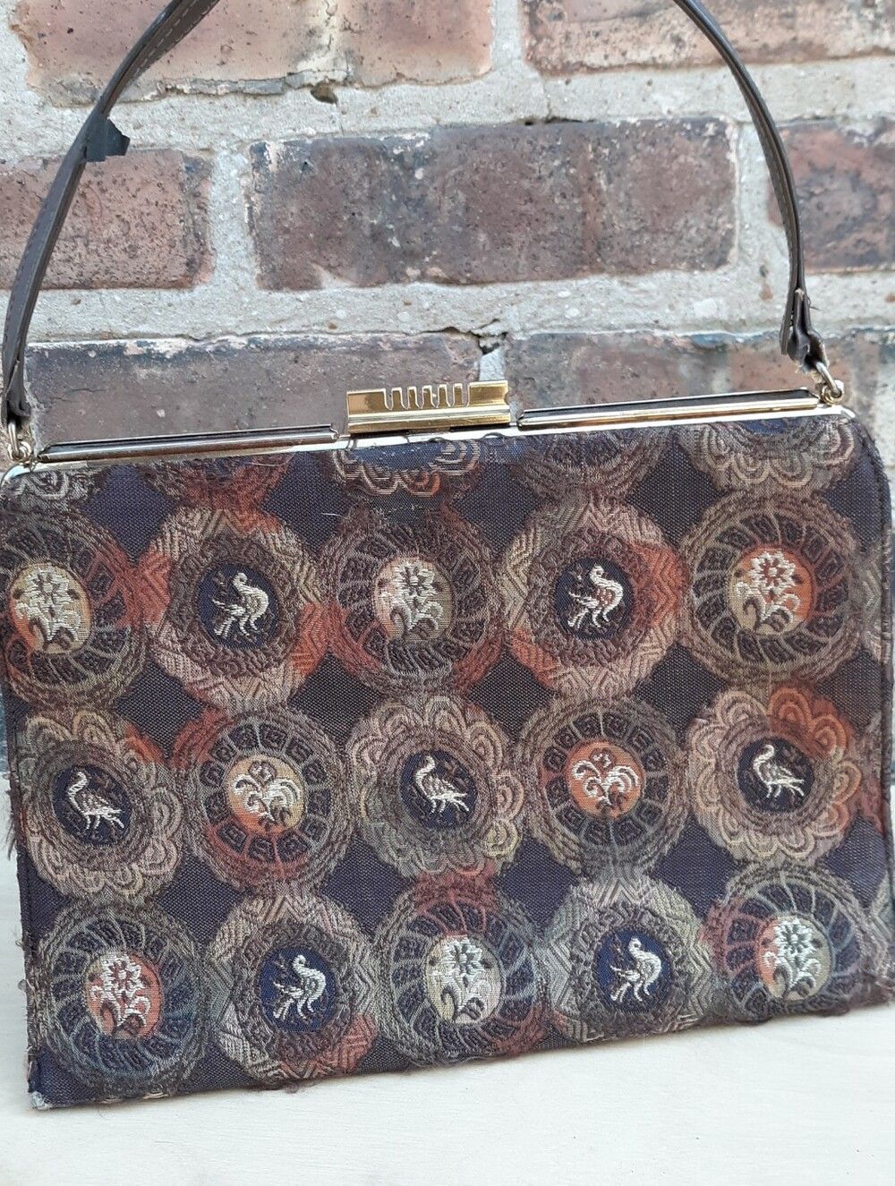 Vintage 1960s Tapestry Carpet Bag Purse Bird Medallion Brocade Frame Handbag Gol